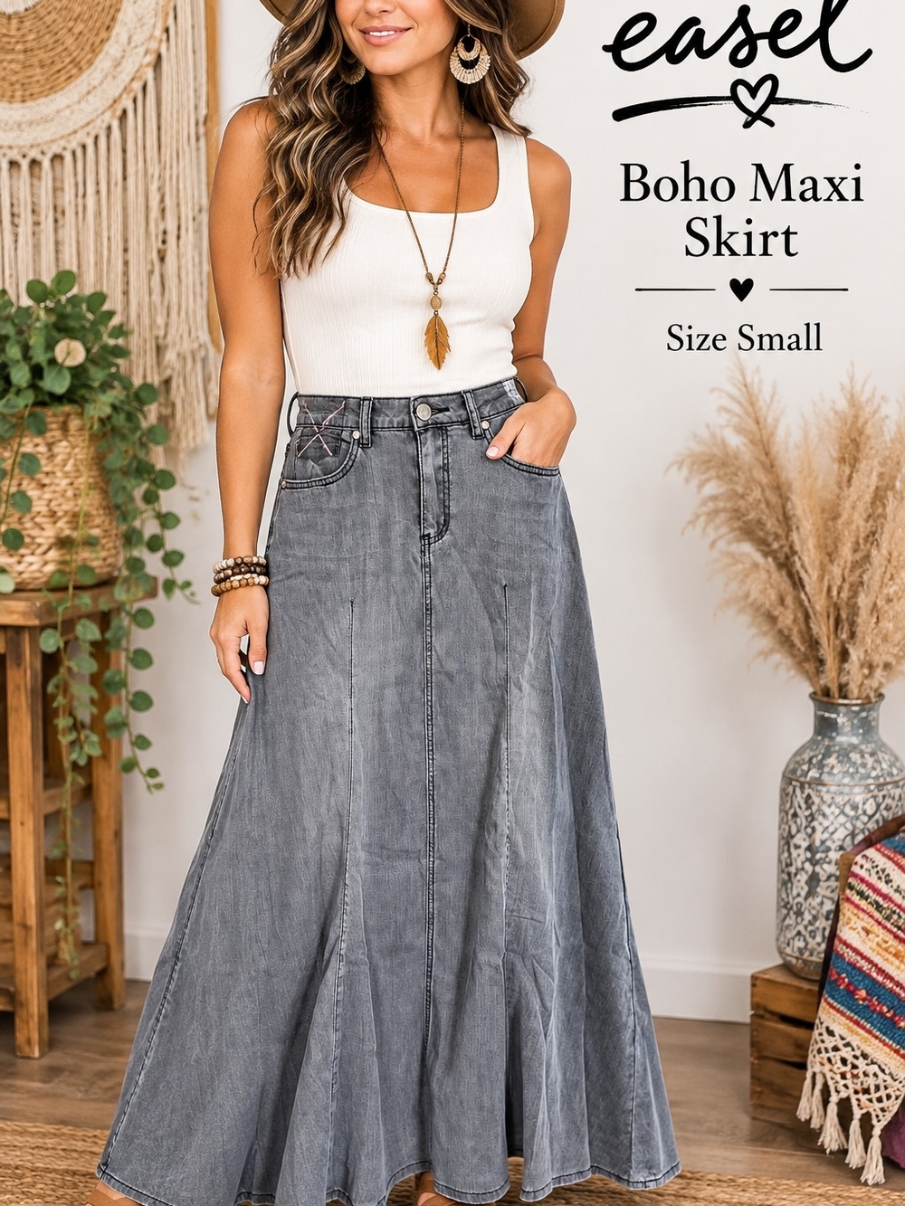 Easel Washed Gray Boho Maxi Skirt